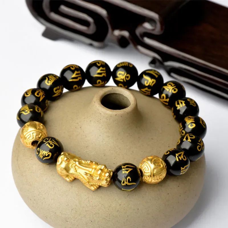Consecrated Natural Obsidian Pixiu Bracelet - Sand Gold-Never fades