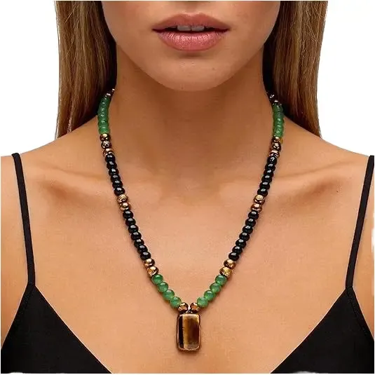 Green Aventurine & Tiger's Eye Wealth Necklace - Natural Crystal