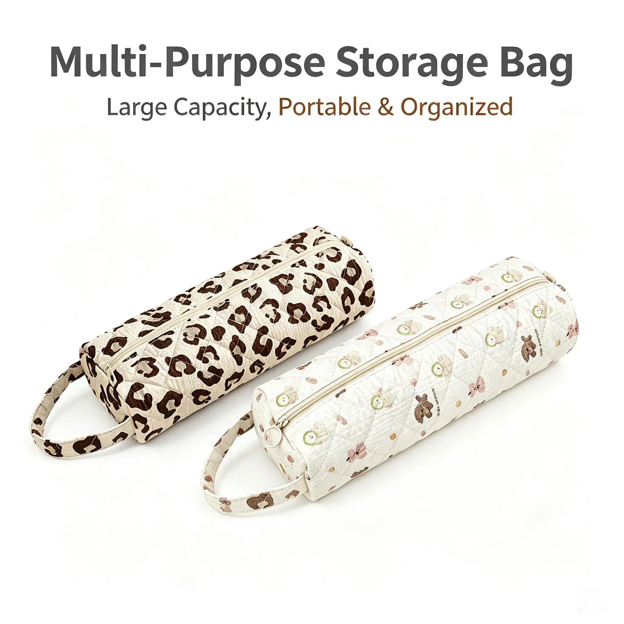 Quilted Makeup Bag - Large Capacity Travel Cosmetic Pouch with Handle